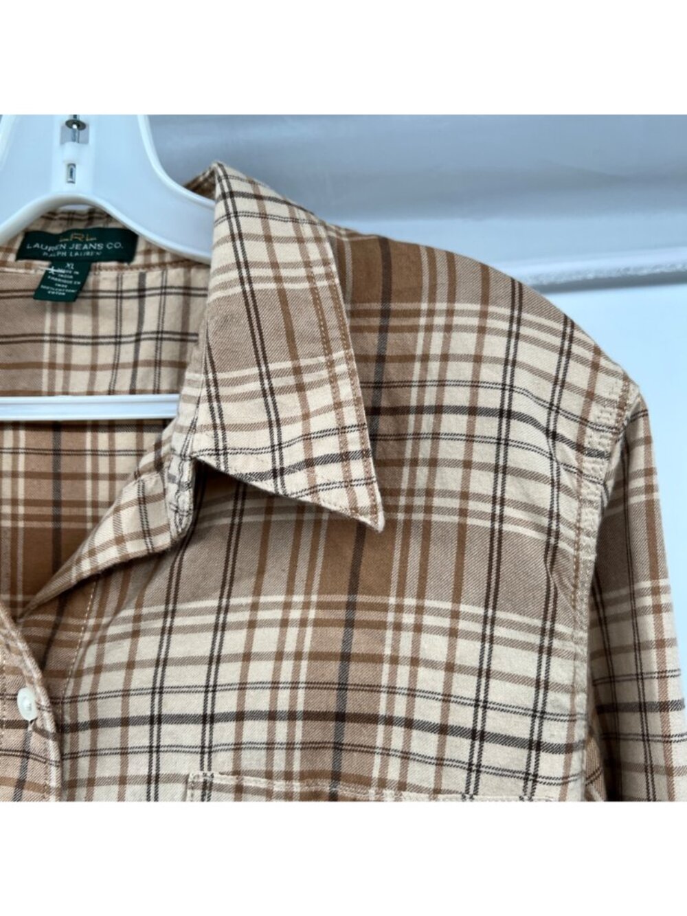 Lauren Ralph Lauren Womens Plaid Button Up Top Tan/Multi Long Sleeve Size XL - Picture 4 of 8